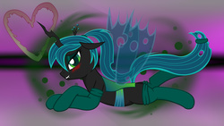 Size: 1920x1080 | Tagged: safe, artist:barrfind, artist:zuko42, edit, queen chrysalis, changeling, changeling queen, g4, alternate hairstyle, clothes, fangs, female, heart, lip bite, looking at you, ponytail, pose, socks, solo, tail wrap, vector, wallpaper