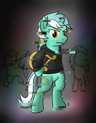 Size: 2100x2699 | Tagged: safe, artist:invertigo, lyra heartstrings, pony, fanfic:background pony, g4, bipedal, clothes, dig the swell hoodie, frown, glitch, high res, hoodie, lyre, musical instrument