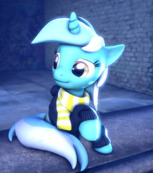 Size: 958x1080 | Tagged: safe, artist:popfizzelz, lyra heartstrings, pony, unicorn, fanfic:background pony, g4, 3d, clothes, dig the swell hoodie, female, hoodie, raised hoof, scarf, smiling, solo, source filmmaker