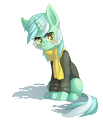 Size: 748x884 | Tagged: safe, artist:cepto, lyra heartstrings, earth pony, pony, fanfic:background pony, g4, blushing, clothes, female, hoodie, scarf, solo