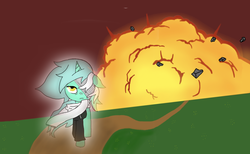 Size: 1024x630 | Tagged: safe, artist:kilertech, lyra heartstrings, fanfic:background pony, g4, bandage, clothes, cool guys don't look at explosions, dig the swell hoodie, explosion, female, hoodie, scarf, solo