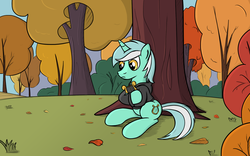Size: 1920x1200 | Tagged: safe, artist:sirvalter, lyra heartstrings, fanfic:background pony, g4, clothes, dig the swell hoodie, female, hoodie, lyre, musical instrument, solo, tree