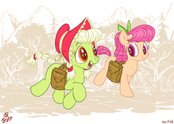 Size: 990x706 | Tagged: safe, artist:jowyb, apple rose, granny smith, earth pony, pony, g4, bag, duo, duo female, female, open mouth, saddle bag, trotting, young apple rose, young granny smith, younger