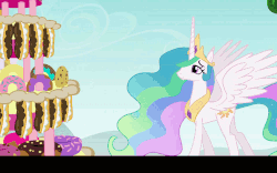 Size: 864x540 | Tagged: safe, edit, screencap, pinkie pie, princess celestia, twilight sparkle, pony, g4, mmmystery on the friendship express, animated, bipedal, cake, cakelestia, caption, concave belly, cute, cutelestia, donut, eclair, eyes on the prize, female, floppy ears, frown, glare, good end, grin, height difference, levitation, licking lips, magic, mare, marzipan mascarpone meringue madness, open mouth, physique difference, plate, slender, smiling, spread wings, subtitles, talking, tall, telekinesis, text, thin, tongue out, trio, waving, wide eyes