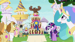 Size: 1152x648 | Tagged: safe, screencap, applejack, donut joe, fluttershy, gustave le grande, mulia mild, pinkie pie, princess celestia, rarity, twilight sparkle, donkey, earth pony, griffon, pegasus, pony, unicorn, g4, mmmystery on the friendship express, animated, animation error, belly, bloated, blue ribbon, bouncing, butt, cake, canterlot, cute, dive bomb, diving, donut, eating, eclair, fat, lying down, marzipan mascarpone meringue madness, mousse moose, on back, open mouth, pica, piggy pie, pinkie being pinkie, plate, plot, pudgy pie, shocked, sin of gluttony, smiling, spread wings, stare, stuffed, this will end in tummy aches, tongue out, tower, unicorn twilight, waving, weight gain