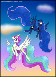 Size: 1225x1680 | Tagged: safe, artist:estherenn, princess celestia, princess luna, g4, cloud, duo, full body, long mane, long tail, looking at each other, looking at someone, royal sisters, siblings, side view, sisters, sky, spread wings, tail, wings