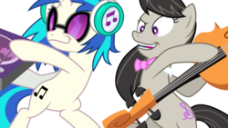 Size: 8897x5004 | Tagged: safe, artist:byteslice, dj pon-3, octavia melody, vinyl scratch, earth pony, pony, unicorn, g4, slice of life (episode), absurd resolution, bowtie, cello, cutie mark, female, headphones, hoof hold, hooves, horn, mare, mixing console, musical instrument, open mouth, out of context, simple background, smiling, sunglasses, svg, teeth, transparent background, vector, wide eyes