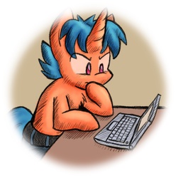 Size: 928x934 | Tagged: safe, artist:zutcha, oc, oc only, oc:mystic rune, pony, unicorn, fanfic:founders of alexandria, ponies after people, chest fluff, clothes, computer, fanfic, fanfic art, hooves, horn, illustration, laptop computer, male, shorts, solo, stallion, thinking