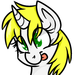 Size: 750x750 | Tagged: safe, oc, oc only, oc:dizzy down, pony, unicorn, :p, curved horn, horn, portrait, simple background, smiling, solo, swirly eyes, tongue out, transparent background
