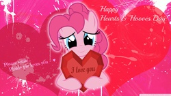 Size: 1920x1080 | Tagged: safe, artist:galekz, artist:hatsunepie, pinkie pie, earth pony, pony, g4, cute, female, heart, hearts and hooves day, hoof hold, i love you, love, mare, smiling, solo, valentine, valentine's day card, wallpaper
