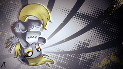 Size: 1920x1080 | Tagged: safe, artist:justaninnocentpony, artist:pridark, edit, derpy hooves, pegasus, pony, g4, cute, female, hug, mare, mouth hold, solo, upside down, wallpaper, wallpaper edit