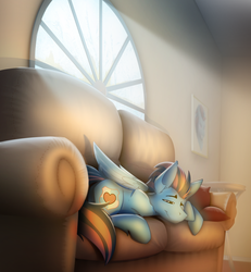 Size: 1280x1384 | Tagged: safe, artist:ralek, oc, oc only, oc:andrew swiftwing, pegasus, pony, couch, male, prone, smiling, solo, stallion, waking up, window, wink