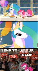 Size: 558x1051 | Tagged: safe, screencap, pinkie pie, princess celestia, human, a bird in the hoof, g4, image macro, irl, irl human, labour party, parody, photo, tyrant celestia