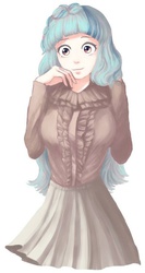 Size: 400x751 | Tagged: safe, artist:chiyoneun, sonata dusk, human, g4, alternate clothes, alternate hairstyle, breasts, busty sonata dusk, cute, female, humanized, looking at you, loose hair, solo, sonatabetes