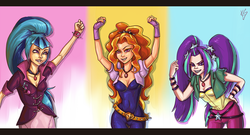 Size: 2016x1089 | Tagged: safe, artist:sherharon, adagio dazzle, aria blaze, sonata dusk, human, g4, cleavage, clothes, equestria girls outfit, female, humanized, looking at you, the dazzlings