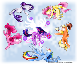 Size: 1024x862 | Tagged: safe, artist:fly-sky-high, applejack, fluttershy, pinkie pie, rainbow dash, rarity, twilight sparkle, alicorn, pony, g4, magical mystery cure, apotheosis, ascension, female, glowing eyes, hilarious in hindsight based upon comments, mane six, mare, swapped cutie marks, twilight sparkle (alicorn)