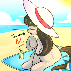 Size: 1000x1000 | Tagged: safe, artist:maren, dj pon-3, octavia melody, vinyl scratch, earth pony, pony, unicorn, g4, backwards cutie mark, beach, chromatic aberration, engrish, female, hat, hot, ocean, summer, sunscreen, sweat