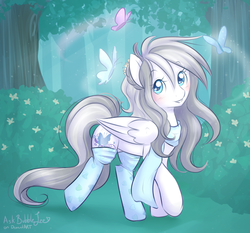 Size: 2563x2386 | Tagged: safe, artist:askbubblelee, oc, oc only, oc:white butterfly, butterfly, pegasus, pony, blushing, clothes, crepuscular rays, cute, forest, heart, heart eyes, high res, scarf, solo, stockings, sunlight, wingding eyes