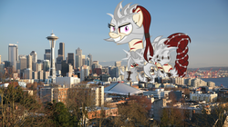 Size: 2800x1573 | Tagged: safe, artist:theotterpony, artist:vector-brony, oc, oc only, oc:rampage, pony, fallout equestria, fallout equestria: project horizons, armor, barbed wire, female, giant pony, giant/macro earth pony, giantess, irl, macro, metal, photo, ponies in real life, seattle, spikes