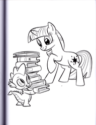 Size: 2516x3300 | Tagged: safe, artist:kwark85, spike, twilight sparkle, dragon, pony, unicorn, g4, official, black and white, book, coloring book, female, grayscale, high res, holding, looking at each other, looking at someone, mare, monochrome, raised hoof, scan, simple background, smiling, smiling at each other, special face, unicorn twilight, white background