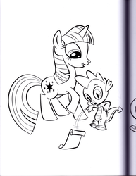 Size: 2552x3300 | Tagged: safe, spike, twilight sparkle, dragon, pony, unicorn, g4, official, black and white, coloring book, female, grayscale, high res, male, mare, monochrome, scan, twilight is a lion, unicorn twilight