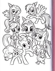 Size: 2552x3296 | Tagged: safe, artist:kwark85, applejack, fluttershy, pinkie pie, rainbow dash, rarity, spike, twilight sparkle, dragon, earth pony, pegasus, pony, unicorn, g4, official, closed mouth, coloring book, female, flying, hat, high res, horn, male, mane seven, mane six, mare, monochrome, open mouth, party hat, raised hoof, scan, unicorn twilight