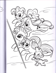 Size: 2552x3304 | Tagged: safe, artist:kwark85, applejack, pinkie pie, rarity, spike, twilight sparkle, dragon, earth pony, pony, unicorn, g4, official, coloring book, female, finish line, high res, male, mare, monochrome, race, running, scan, stock vector