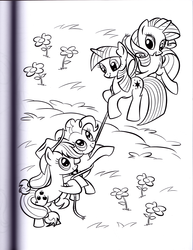 Size: 2552x3304 | Tagged: safe, artist:kwark85, applejack, pinkie pie, rarity, twilight sparkle, earth pony, pony, unicorn, g4, official, black and white, coloring book, female, flower, grass, grayscale, high res, hoof hold, looking at each other, looking at someone, mare, monochrome, outdoors, rope, scan, smiling, smiling at each other, tug of war, unicorn twilight