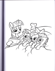 Size: 2552x3312 | Tagged: safe, artist:kwark85, apple bloom, scootaloo, sweetie belle, twilight sparkle, earth pony, pegasus, pony, unicorn, g4, official, bed, bedtime story, book, coloring book, cutie mark crusaders, female, filly, high res, mare, monochrome, scan