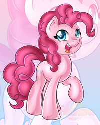Size: 800x1001 | Tagged: safe, artist:ikuvaito, pinkie pie, earth pony, pony, g4, cute, diapinkes, female, happy, looking at you, mare, open mouth, raised hoof, simple background, smiling, solo, zoom layer