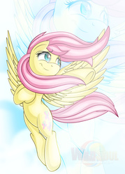 Size: 1024x1433 | Tagged: safe, artist:ikuvaito, fluttershy, g4, female, flying, solo, windswept mane, zoom layer