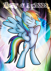 Size: 1024x1434 | Tagged: safe, artist:ikuvaito, rainbow dash, pegasus, pony, g4, abstract background, bipedal, eyes closed, female, hoof on chest, mare, solo, text