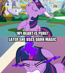 Size: 1280x1440 | Tagged: safe, artist:kwark85, edit, edited screencap, screencap, spike, twilight sparkle, g4, the crystal empire, crystal empire, dark magic, debate in the comments, drama, duckery in the description, image macro, irony, magic, meme, op is a duck, op is trying to start shit, op started shit, overanalyzing, seizure warning in comments, sombra eyes, text, the duck goes kwark