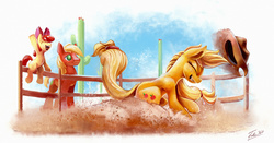 Size: 1500x786 | Tagged: safe, artist:tsitra360, apple bloom, applejack, big macintosh, earth pony, pony, g4, apple siblings, cactus, cheering, dust, eyes closed, female, fence, filly, gritted teeth, male, mare, rodeo, saguaro cactus, siblings, stallion