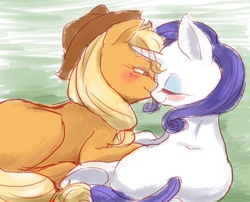 Size: 1024x829 | Tagged: safe, artist:ashitaka_kiyu, applejack, rarity, g4, bedroom eyes, blushing, eyes closed, female, lesbian, nuzzling, prone, ship:rarijack, shipping, smiling, underhoof