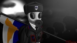 Size: 1920x1080 | Tagged: safe, artist:tsaritsaluna, oc, oc only, clothes, flag, gas mask, hat, new lunar republic, russia, soldier, ushanka