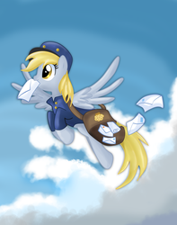 Size: 3217x4080 | Tagged: safe, artist:pridark, derpy hooves, pegasus, pony, g4, bag, clothes, female, flying, hat, letter, mail, mailbag, mailmare, mailpony, mare, sky, solo, uniform, working