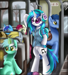 Size: 4350x4840 | Tagged: safe, artist:pridark, blues, bon bon, derpy hooves, dj pon-3, doctor whooves, lyra heartstrings, minuette, noteworthy, octavia melody, roseluck, sweetie drops, time turner, vinyl scratch, earth pony, pegasus, pony, unicorn, g4, absurd resolution, bipedal, bus, clothes, headphones