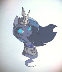 Size: 800x937 | Tagged: dead source, safe, artist:science fox, princess luna, alicorn, pony, g4, abstract background, armor, bust, crown, female, jewelry, looking at you, no pupils, portrait, regalia, solo