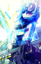Size: 6600x10200 | Tagged: safe, artist:darkflame75, dj pon-3, vinyl scratch, anthro, g4, clothes, female, gloves, glow rings, glowstick, headphones, midriff, solo, turntable, vest