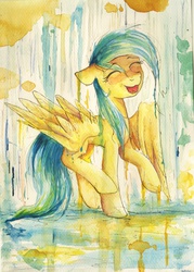 Size: 2888x4036 | Tagged: safe, artist:mufflinka, sunshower raindrops, pegasus, pony, g4, cute, eyes closed, female, floppy ears, happy, mare, open mouth, rain, raised hoof, raised leg, smiling, solo, spread wings, traditional art, watercolor painting, wet, wet mane, wings