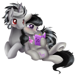 Size: 3110x3099 | Tagged: safe, artist:pridark, octavia melody, oc, earth pony, pony, unicorn, g4, background pony, bags under eyes, bed hair, blushing, book, bowtie, canon x oc, high res, hooves, shipping, simple background, snuggling, transparent background, underhoof, writing