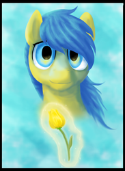 Size: 1800x2454 | Tagged: safe, artist:dawnmistpony, oc, oc only, oc:morning dew, earth pony, pony, fanfic:background pony, flower, looking at you, magic, portrait, smiling, solo, tulip