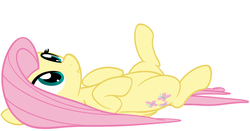 Size: 2911x1522 | Tagged: safe, artist:furrgroup, fluttershy, pegasus, pony, g4, :i, belly, female, lying down, on back, simple background, solo