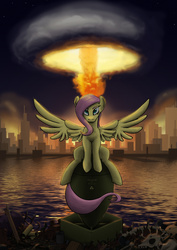 Size: 2480x3508 | Tagged: safe, artist:mozgan, fluttershy, pegasus, pony, fallout equestria, g4, apocalypse, armageddon, atomic bomb, badass, balefire bomb, bomb, bone, city, cool guys don't look at explosions, end of the world, explosion, fanfic, fanfic art, female, flutterbadass, high res, hooves, manehattan, mare, megaspell, megaspell explosion, ministry mares, ministry of peace, mushroom cloud, nuclear explosion, riding a bomb, river, sitting, skeleton, skull, solo, spread wings, symbolic, water, wings