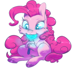 Size: 660x630 | Tagged: safe, artist:lunarmarshmallow, derpibooru exclusive, pinkie pie, g4, bioluminescent, drool, eating, fangs, female, glowing, glowing eyes, heart eyes, lollipop, sitting, solo, unshorn fetlocks, wingding eyes