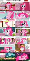Size: 1282x2590 | Tagged: safe, pinkie pie, earth pony, pony, comic:celestia's servant interview, g4, sleepless in ponyville, cake, caption, comic, crown, cs captions, deflating hair, female, floppy ears, fountain, grin, interview, lying down, mare, messy, on back, prone, smelling, solo, sugarcube corner