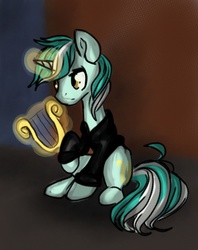 Size: 361x455 | Tagged: safe, artist:darkanutiy, artist:melodybisquit, lyra heartstrings, fanfic:background pony, g4, clothes, dig the swell hoodie, female, hoodie, lyre, musical instrument, raised hoof, solo