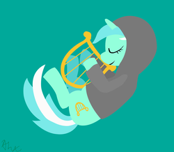 Size: 1736x1516 | Tagged: safe, artist:fapalot, lyra heartstrings, fanfic:background pony, g4, clothes, dig the swell hoodie, eyes closed, female, hoodie, lyre, minimalist, musical instrument, smiling, solo, vector