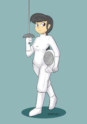 Size: 702x1000 | Tagged: safe, artist:empyu, octavia melody, human, g4, epee, female, fencing, helmet, humanized, looking at you, simple background, solo